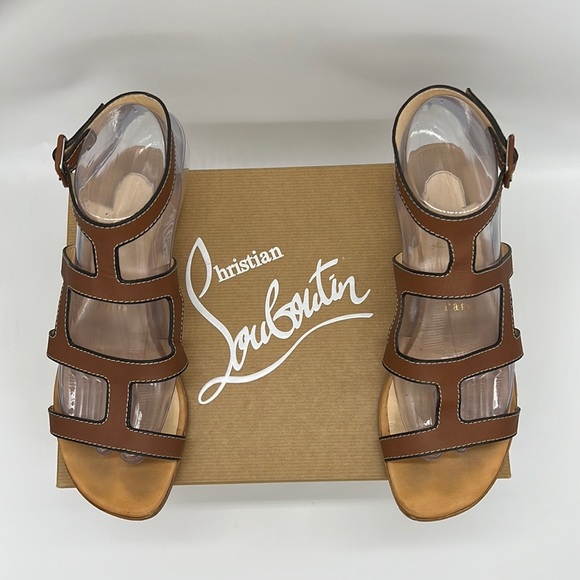 CHRISTIAN LOUBOUTIN Tan Cardamona Calf Gladiator Open Toe Flat Sandal Size 37 - Picture 4 of 6
